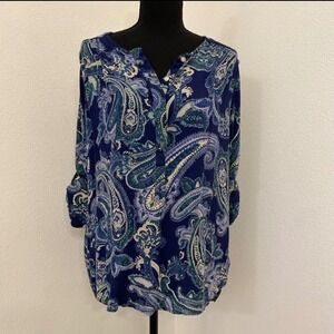 Nine West Top L Tunic Navy Blue Paisley Roll Tab 3/4 Sleeve Long Back Blouse